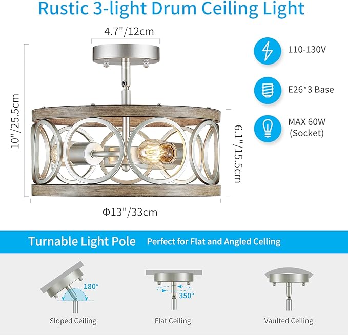 XINGQI 13" Modern 3-Light Brushed Nickel Rustic Semi Flush Mount Ceiling Light Fixture Wood Grain Metal Round Lamp for Kitchen Dining Room Bedroom Entryway