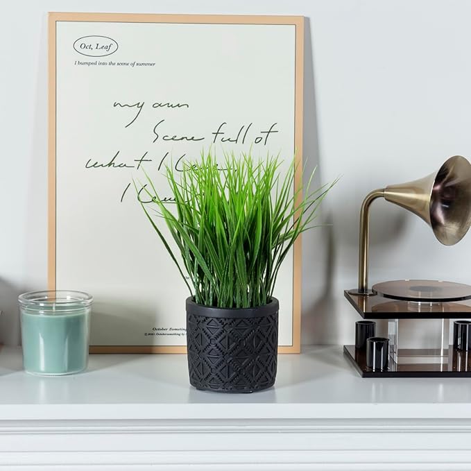 MyGift Artificial Green Grass Plant in Modern Black Concrete Pot with Geometric Embossed Pattern, Tabletop Faux Greenery Decorative Round Cement Planter Home Decor