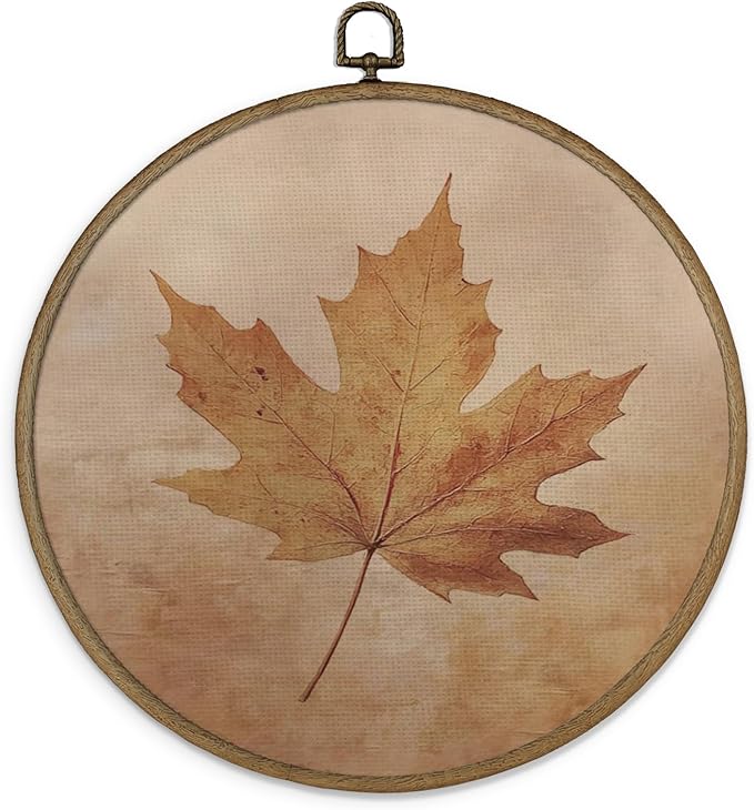 Gnmduw Fall Leaf Wall Art Framed, Fall Wall Decor, Rustic Thanksgiving Autumn Round Hanging Wall Decor, Halloween Autumn Canvas Prints Art for Cottage Core Living Room Bathroom Bedroom, 10x10 Inch