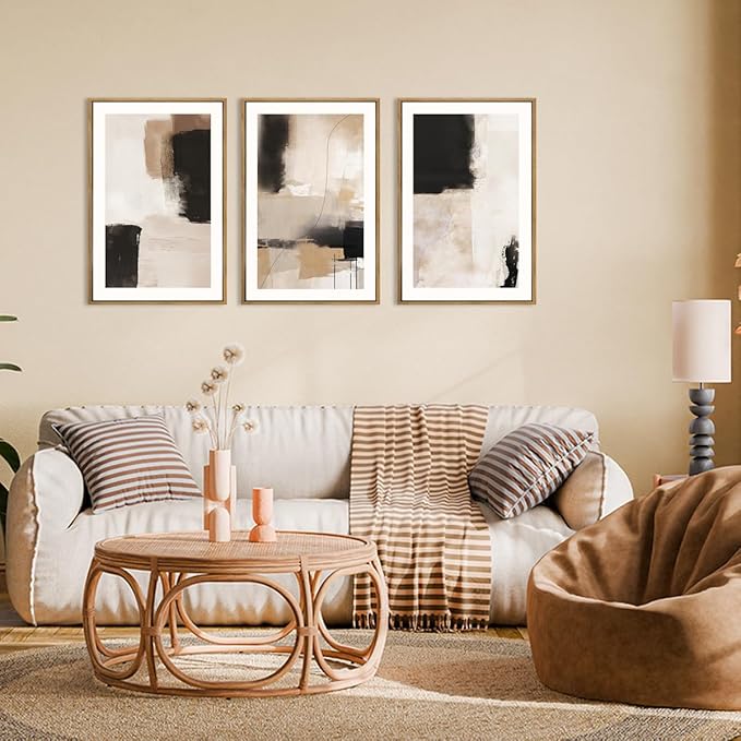 ANHUIB Neutral Abstract Wall Art Beige Modern Wall Decor 16x24 Inch Minimalist Black Paintings Set of 3 for Living Room Bedroom Dining Room