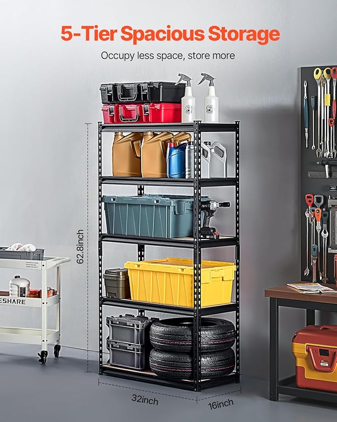 VEVOR Storage Shelves, 2000 lbs, 5 Tier Garage Storage Shelving, 16" D x 32" W x 62.8" H Adjustable Metal Shelves for Garage Shelves Utility Rack Shelf, Ideal for Kitchen, Warehouse, Basement, Black