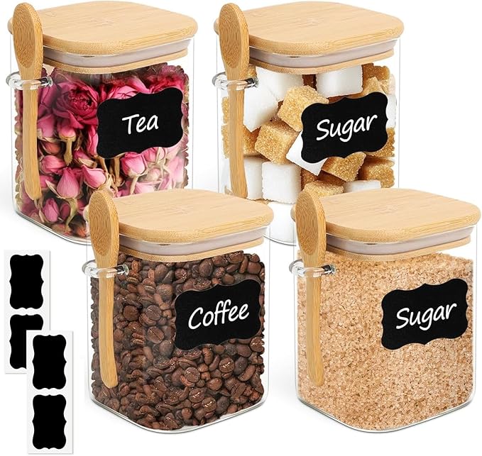 ComSaf 0.8 Qt Glass Jars with Bamboo Lids & Spoons Set of 4, Square Glass Containers with Lids, Sugar Coffee Containers Salt Spice Jars, Pantry Storage Container for Loose Tea, Candy, Brown Sugar, Nut