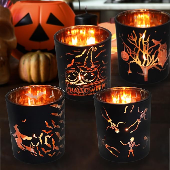 SHMILMH Halloween Glass Candle Holders Set of 4, Votive Tealight Holder Candle Jar for Making Candle, Halloween Office Kitchen Mantel Table Centerpiece Decoration