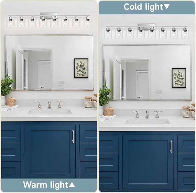 Brushed Nickel Light Fixture Bathroom, 8 Light Mirror Lights with Clear Glass, 51 inch Bathroom Mirror Lights for Oversized Mirrorss, E26 Socket