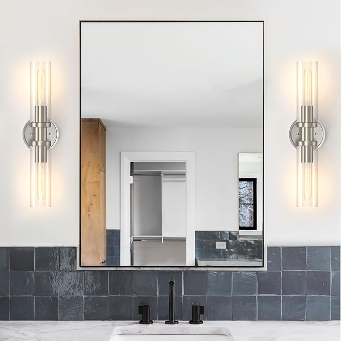 Espird Bathroom Light Fixtures 2-Light Brushed Nickle, Bathroom Vanity Lights Over Mirror, Wall Sconces, Industrial Lighting, Modern Brushed Nickle Vanity Lighting Fixtures w/Glass Shades