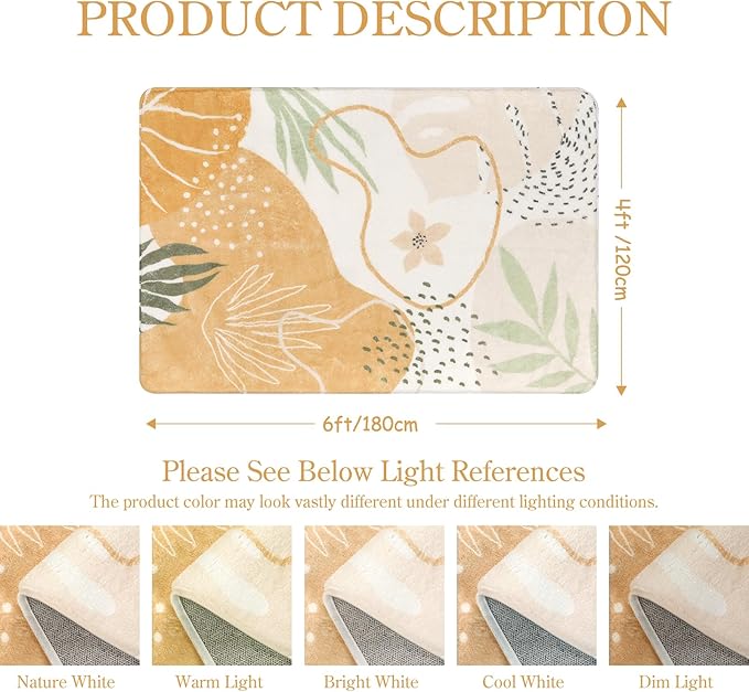 Lahome Non-Slip Rug for Living Room - 4x6 Washable Lightweight Large Area Rug Boho Throw Soft Carpet for Bedroom, Taupe Botanical Print Indoor Rugs for Kids Nursery Kitchen Entryway Dining Room