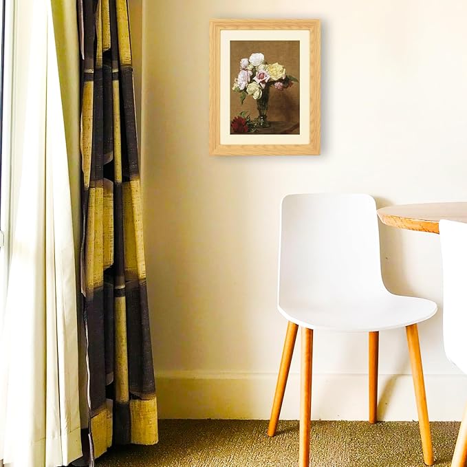 Brivoria Framed Canvas Wall Art Vintage Decor, Colorful Roses in Fluted Vase Autumn Botanical Still Life Print with Warm Brown Background for Entryway Hallway Reading Nook or Rustic Fall Display,13x16