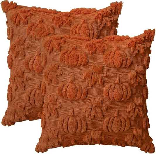 AVOIN colorlife Fall Pumpkin Maple Leaves Caramel Throw Pillow Covers, 18 x 18 Inch Seasonal Autumn Thanksgiving Harvest Soft Plush Faux Fur Jacquard Cushion Case Decoration for Sofa Set of 2