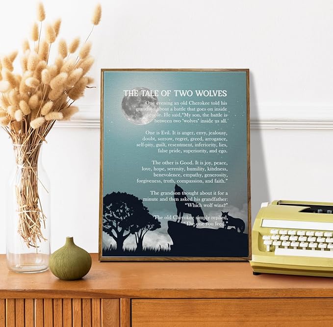 The Tale of Two Wolves, Framed Wolf Wall Art, Framed Canvas Wall Art Inspirational Quote Decor, Wolfs Décor, Wolfish Gifts, wolfish Canvas Décor (Blue)