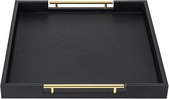 Black Square Serving Tray with Gold Handles for Party,Large Wood Decorative Tray for Ottoman,Faux Leather Coffee Table Tray Decor