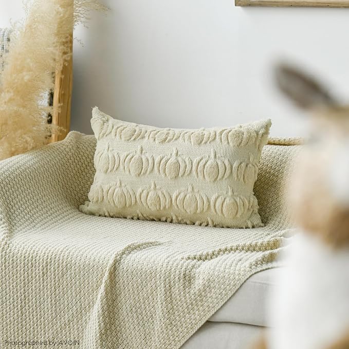 AVOIN colorlife Fall Pumpkin Beige Throw Pillow Covers, 12 x 20 Inch Seasonal Autumn Thanksgiving Harvest Decoration Soft Plush Faux Fur Jacquard Cushion Case Decoration for Sofa Couch Set of 2