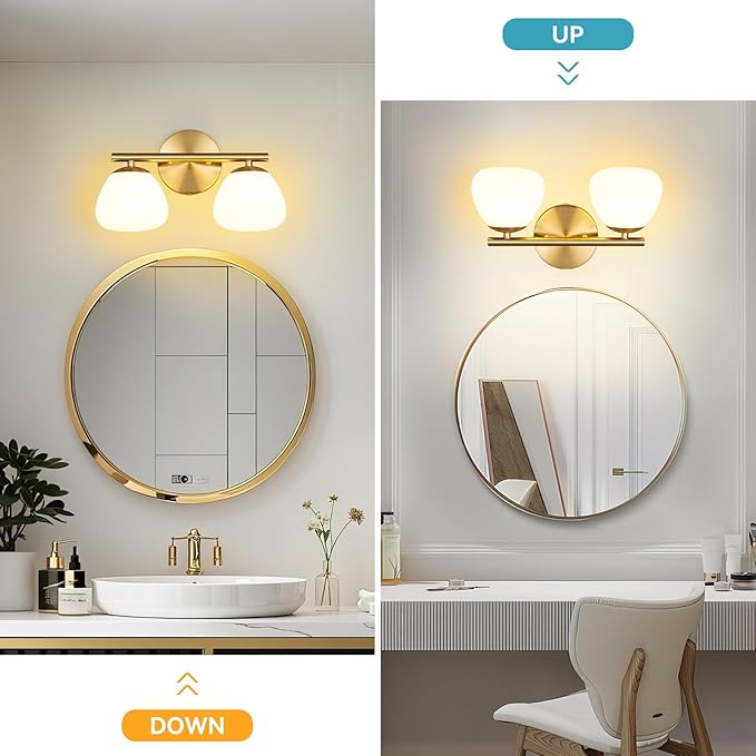 Modern 2 Light Bathroom Vanity Light Gold Vanity Light Bathroom Light Fixtures Over Mirror with Milk Glass Shade Bathroom Vanity Lighting Fixtures