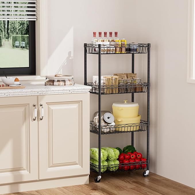 4 Tier Shelf Wire Shelving Unit Adjustable Storage Shelves Big Basket Rack Standing Units for Kitchen Closet Laundry Bathroom Organizers Metal Pantry Mesh 10" D x 16" W x 55" H Black