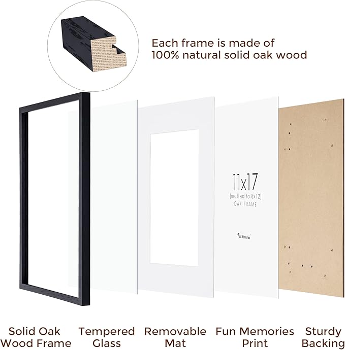 11x17 Oak Wood Picture Frame in Black, 11"x17" Poster Frame for Wall, Wood Photo Frame 11 x 17 with Tempered Real Glass, 11x17 Frame Matted to 8x12 - Black Color, 1 Pack
