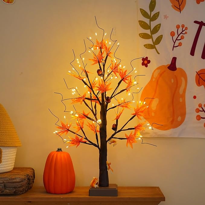 24” 72 LED Fall Decorations for Home, Birch Tree Lighted Fall Maple Leaves Artificial Tree LEDs Autumn and 3 Squirrel,Acorn Ornaments USB/3AA Battery Timer for Gifts Thanksgiving Indoor