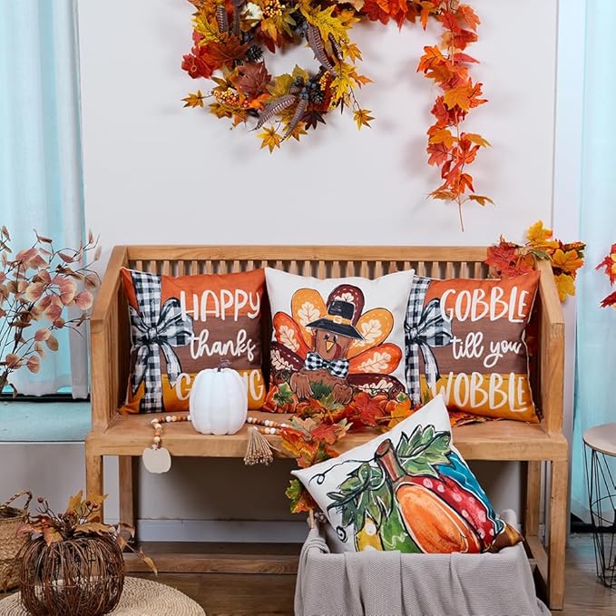 GEEORY Happy Thanksgiving Throw Pillow Covers 18x18 Inch Set of 4, Turkey Gobble Pumpkin Striped Fall Farmhouse Decorative Holiday Decoration for Home G568-18