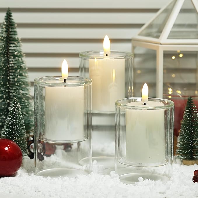 NURADA Flameless Candles with Remote Timer - Glass Real Wax 3D Wick LED Pillar Votive Candle Set Battery Operated Flickering Light for Home Christmas Decoration - White 3 Pack