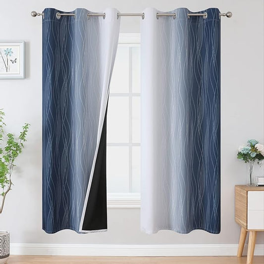 Estelar Textiler Full Room Darkening Greyish White and Navy Blue Blackout Curtains 72 Inch Length 2 Panels Set, Ombre Thermal Insulated Light Blocking Grommet Blackout Drapes for Bedroom, 42Wx72L