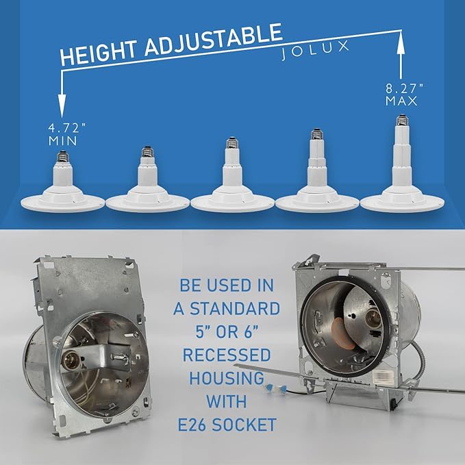 Jolux 5/6''Adjustable Height LED Can Lights Retrofit Recessed Lighting 6 Pack,800 lm 2700K Soft White,12=60W,Dimmable,ETL Damp Rated,E26 Base,Flat Trim,Easy Retrofit Downlight Installation.