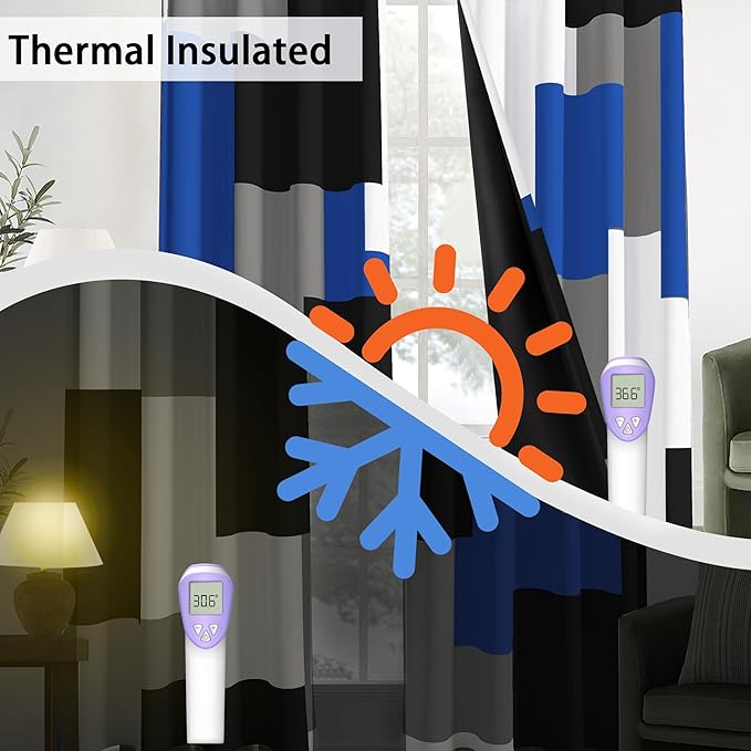 Royal Blue 100% Blackout Curtains for Bedroom 108 inch Extra Long 2 Panels Set Navy Blue Grey Modern Abstract Geometric Black Out Curtains Room Darkening Window Drapes for Living Room, 52Wx108L