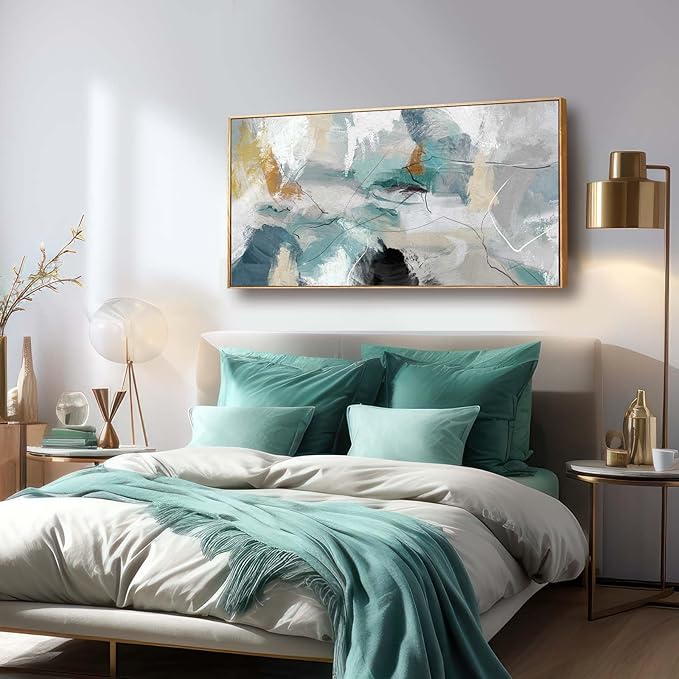 Kureful Abstract Oil Painting/Green Wall Decor/Artwork for Living Room Picture Prints on Canvas/Grey Wall Decor for Bedroom Office Hotel 20x40 Inch