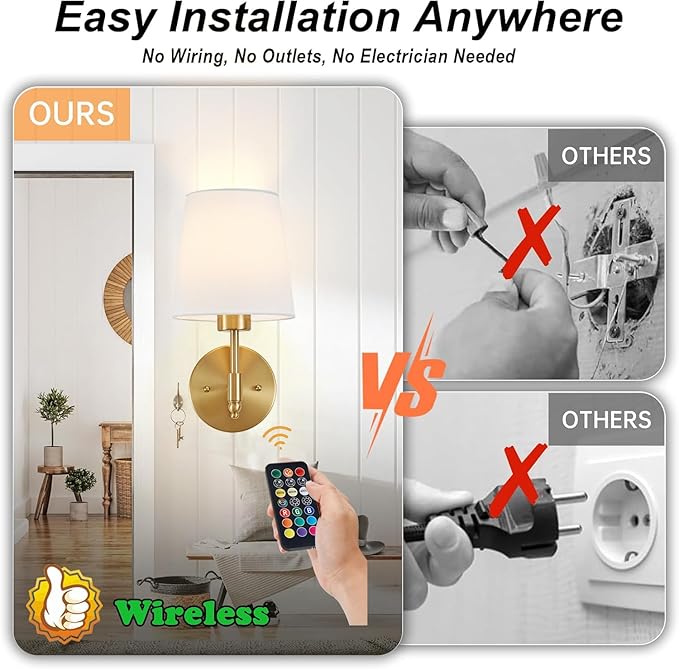 Rechargeable Wall Sconces Set of 2, Brushed Gold Cordless Battery Operated Sconce with Dimmable LED Bulb and Remote, 13 Colors Wall Lights for Bedroom Living Room Hallway