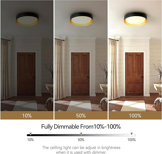 12 Inch LED Flush Mount Ceiling Light, 18W Flush Mount Light Fixture in Balck and Gold Finish, Dimmable Ceiling Light for Bedroom, Hallway, Entryway, Bathroom, Kitchen 3000K Warm White