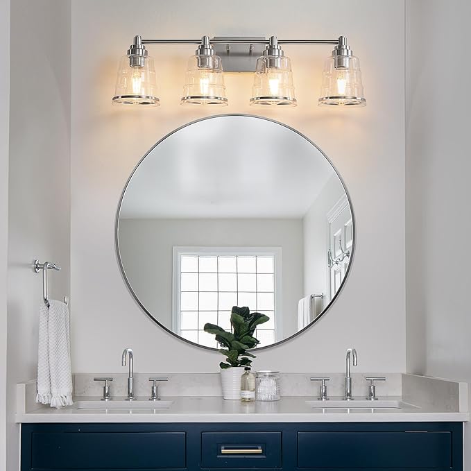 Brushed Nickel Bathroom Vanity Light Fixture, 4 Light Bathroom Light Fixtures Over Mirror with Clear lampshade and Metal Base Sconce,29.1 inch Modern Vanity Light for Bathroom(Exclude E26 Bulb)
