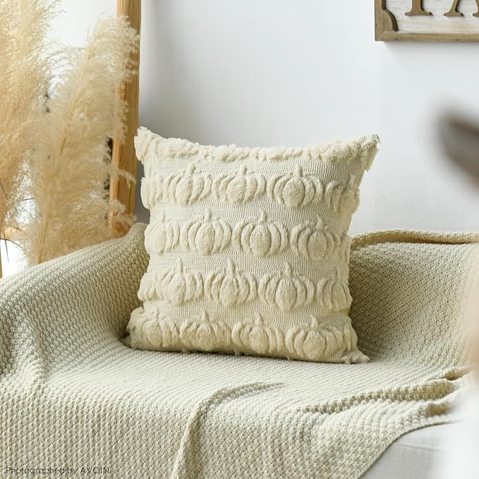 AVOIN colorlife Fall Pumpkin Beige Throw Pillow Covers, 16 x 16 Inch Seasonal Autumn Thanksgiving Harvest Decoration Soft Plush Faux Fur Jacquard Cushion Case Decoration for Sofa Couch Set of 2