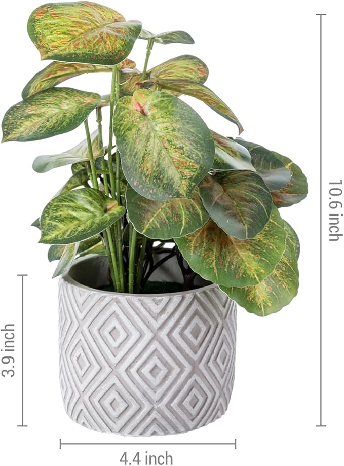 MyGift Artificial Aglaonema Evergreen Leafy Plant, Green and Red Faux Leaves Potted in Gray Concrete Pot with White Diamond Pattern, Indoor Home Table Decor
