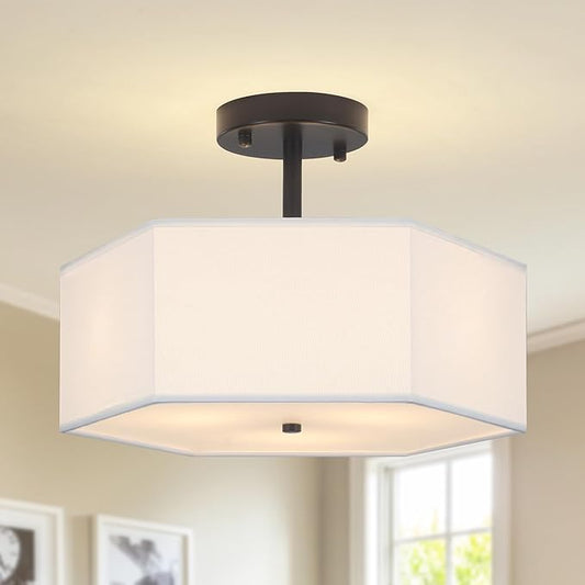 Modern Ceiling Light with White Fabric Shade 3-Light Black Semi Mount Flush Fixture for Bedroom Dining Room Kitchen and Hallway