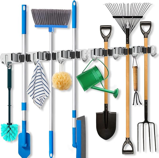 ZONGOOL 2 Pack 3 Racks and 4 Hooks Mop and Broom Holder Wall Mount, Heavy Duty Broom Hanger Organizer Storage Tool Racks Stainless Steel Self Adhesive Wall Hanger for Kitchen Garden Laundry Garage