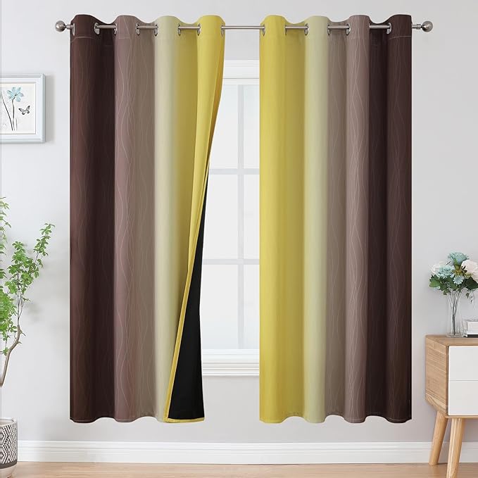 Estelar Textiler Brown and Yellow Blackout Curtains for Living Room, Full Room Darkening Grommet Ombre Curtains for Bedroom, Thermal Insulated Light Blocking Gradient Drapes, 52Wx72L, 2 Panels