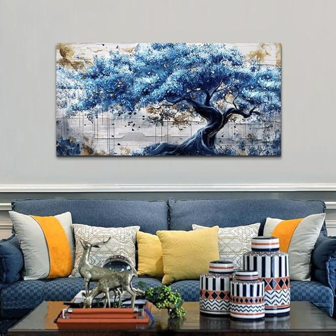 ERQINHUA Blue Tree Wall Paintings Canvas Wall Art For Living Room Large Wall Decor For Bedroom Office Decorations Farmhouse Abstract Watercolour Pictures Artwork Home Decor Ready To Hang 20"X40"