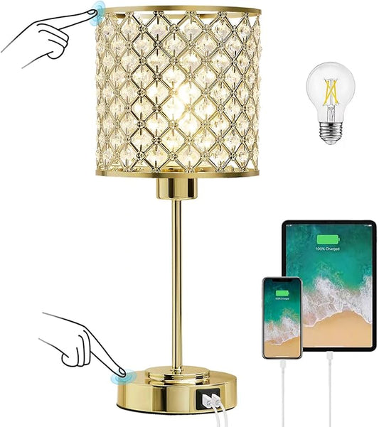 GyroVu Crystal Table Lamp, Crystal Touch Control with USB-C+A Ports, 3 Way Dimmable Gold Bedside Lamp with Bulb
