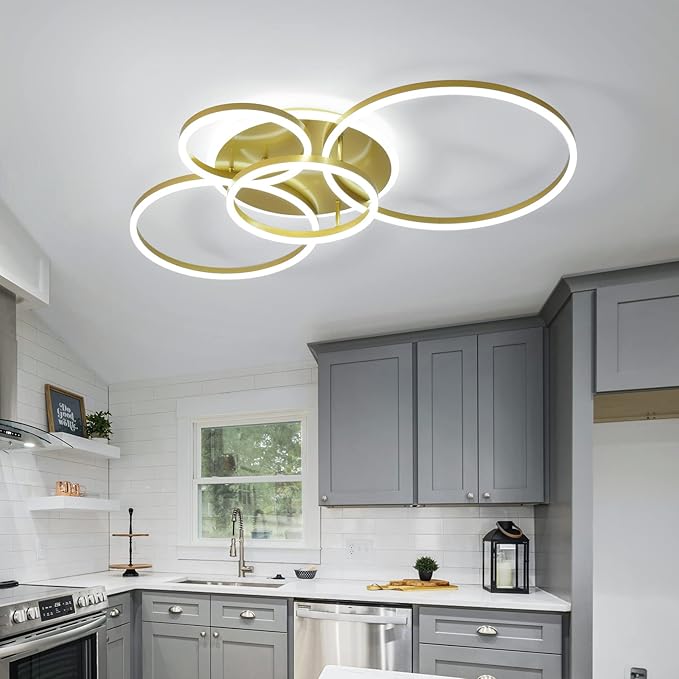 Modern LED Ceiling Light 90W Dimmable Ceiling Light Fixture with Remote Control 5 Rings Flush Mount Ceiling Light Gold Acrylic Chandelier LED for Living Room Bedroom Kitchen Light fixtures(4+1G01)