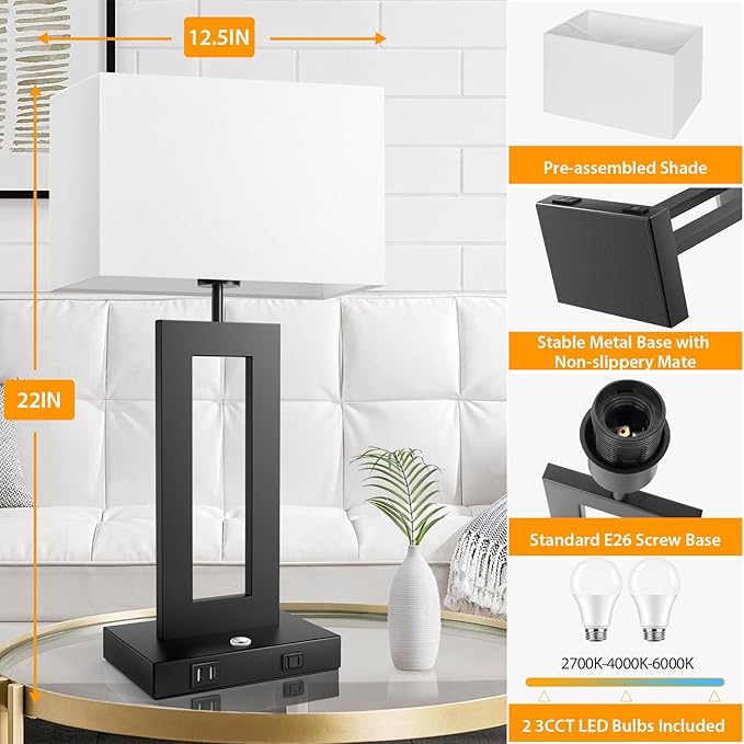 3 Color Temperatures Table Lamps for Bedrooms Set of 2, 22ββ Touch Control Bedside Nightstand Lamps with 2 USB Ports & AC Outlet, Stepless Dimmable Lamps with White Shade, Modern Decor for Living Room