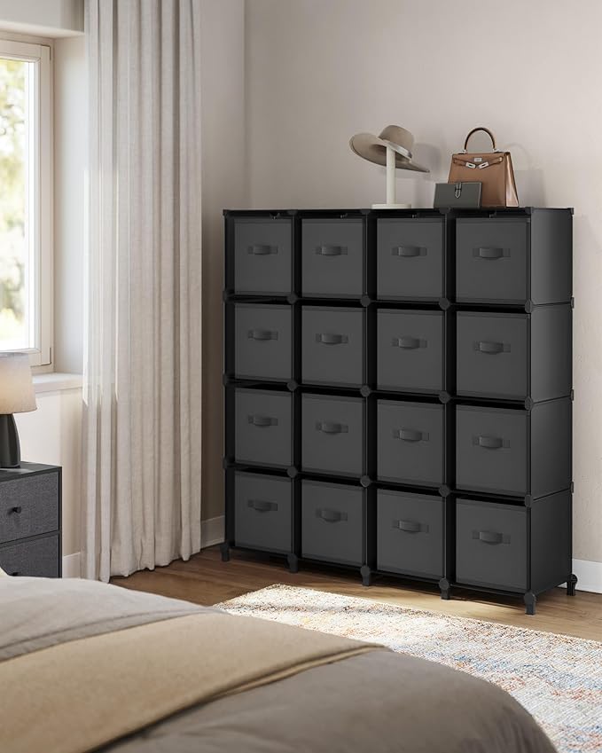 SONGMICS Cube Storage Organizer with Storage Boxes, Set of 16-Cube Organizer, 16 Collapsible Non-Woven Fabric Bins, Customizable, Bedroom, Living Room, Ink Black and Dove Gray ULPC162B01
