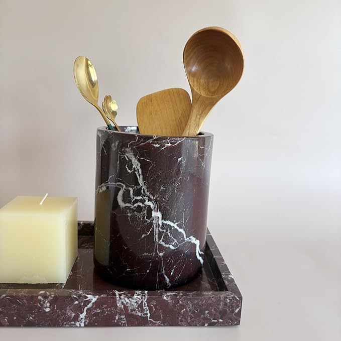 Handmand Natural Marble with Holes Stone Vintage Kitchen Utensil Holder - 5.1" D X 6.3" H Kitchen Counter Organizers and Storage Tool Crock (Rosa Levanto Marble)