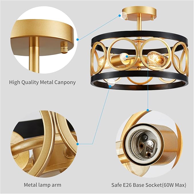 XINGQI 13" Modern Semi Flush Mount Ceiling Light Fixture, Black and Gold Drum Chandelier with Metal Shade Farmhouse Round Ceiling Lamp for Living Dining Room Bedroom