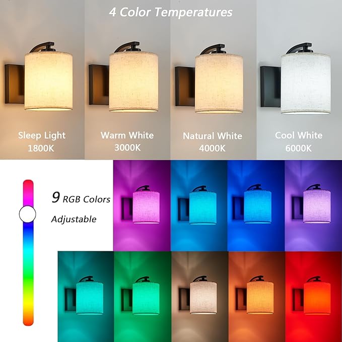 Battery Operated Wall Sconce Set of 2, Black Cordless Rechargeable Wall Sconces with Dimmable LED Bulb, 13 Colors Wall Lights for Bedroom Living Room Hallway