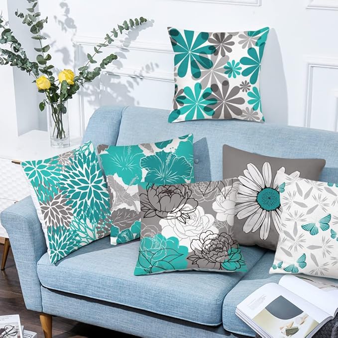 COMMINY Teal Grey Pillow Covers 18x18 Set of 6 Decorative Daisy Flower Throw Pillow Cover for Couch Modern Turquoise Pillow Case for Patio Living Room Cushion Bed Farmhouse Home Decor