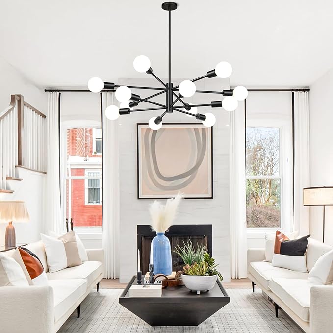 33" Modern Chandelier Ceiling Light Fixture, 12-Light Sputnik Chandeliers Matte Black Mid Century Chandelier Over Table, Height Adjustable Chandeliers for Dining Room Living Room Kitchen Island