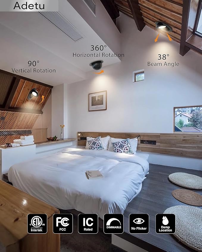 Adetu Recessed Lighting 6 inch, 360°+90° Adjustable Directional 6 inch 5CCT Gimbal Black Led Recessed Lighting, 2700K-5000K Dimmable Retrofit Eyeball Can Recessed Lights with Jbox, ET,Black (6 Pack