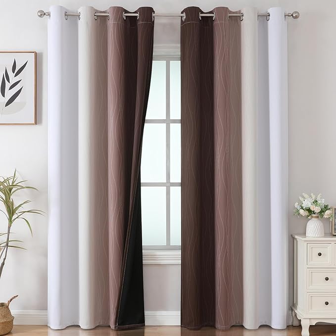 Estelar Textiler Brown and Greyish White Ombre Blackout Curtains 90 Inch Length 2 Panels Set, Thermal Insulated Grommet Drapes for Bedroom,Full Room Darkening Gradient Curtains for Living Room,52Wx90L