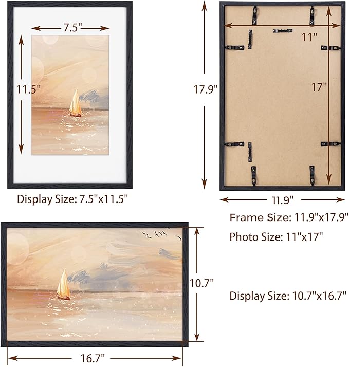 11x17 Black Picture Frames, 11 x 17 Picture Frame Set of 3, High-End Oak Wood Frame 11 by 17, 11x17 Wooden Frame with Tempered Glass, Matted to 8x12, Black Wood 11 x 17 Poster Frame for Wall