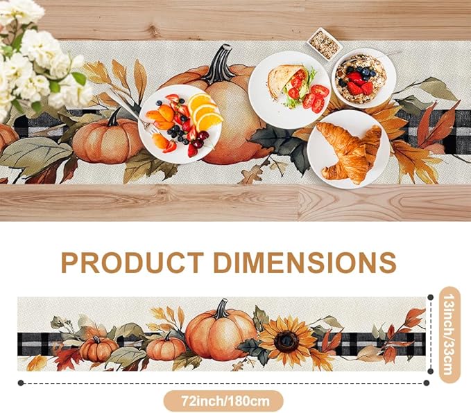 ANNA QUEEN Pumpkin Sunflower Table Runner 13 x 72 Inch for Dining Table, Table Runner for Seasonal Autumn Kitchen Dining Table Decoration for Home Party Decor Thanksgiving Harvest