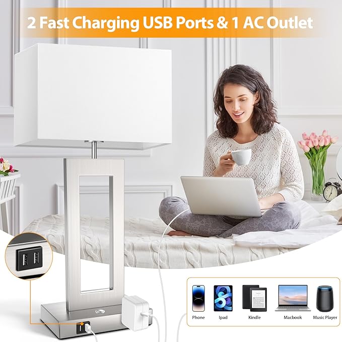 3 Way Dimmable Table Lamps for Bedrooms Set of 2, 27.2ββ Tall Modern Silver Lamps for Living Room Nightstand, Touch Control Bedside Lamps with 2 USB Ports&AC Outlet, Stepless Dimming, Bulbs Covered