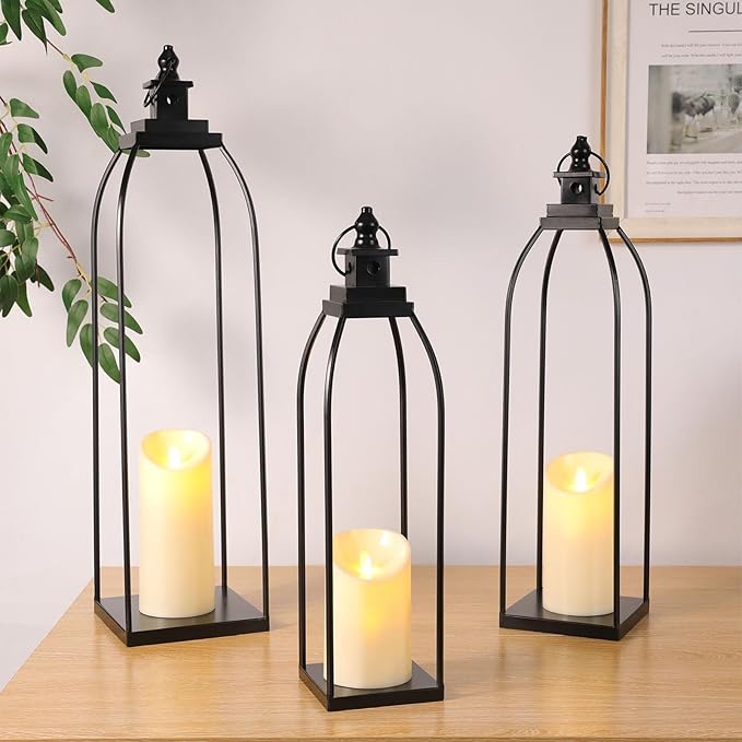 3 Pcs Black Metal Decorative Candle Lantern Set, 16'' 19'' 22'' Modern Lantern with 3 Flameless Candles for Indoor & Outdoor, Decorative Large Lanterns for Porch, Patio, Fireplace & Home Decor
