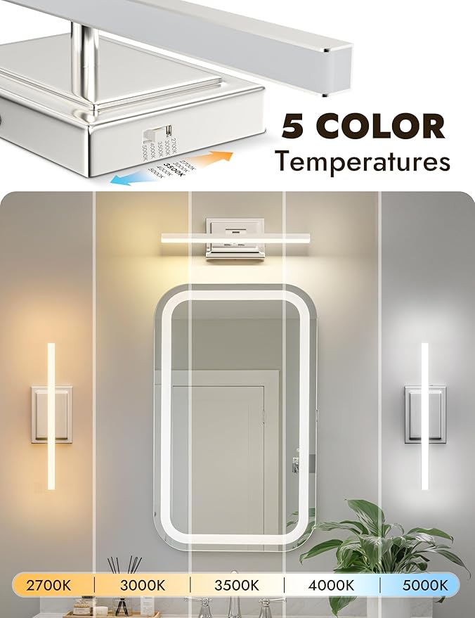 NIORSUN 15.7 Inch Modern Bathroom Light Fixture, 12W 5CCT Dimmable LED Chrome Bathroom Vanity Lights Over Mirror, Vanity Lights for Bathrooms Restroom Mirror- ETL Certified